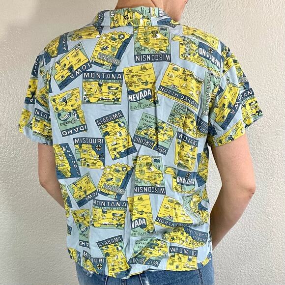 Vintage road trip states button down Liz Claiborne blue and yellow blouse size M - Picture 3 of 12